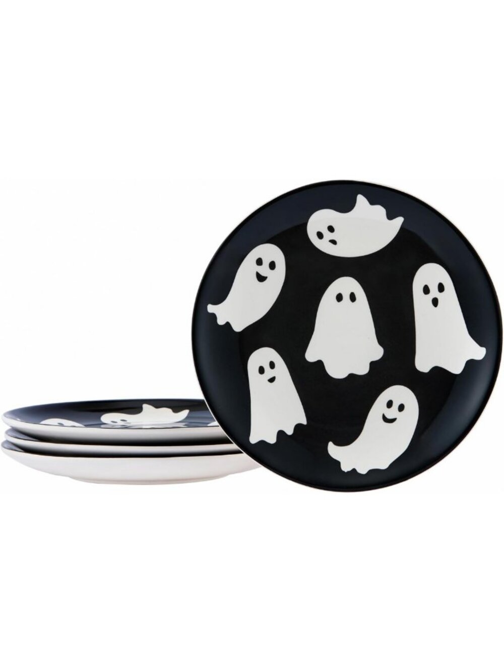 Set of 4 White Ghost Halloween Salad Plates - Ceramic, 8.75 Inch, Microwave